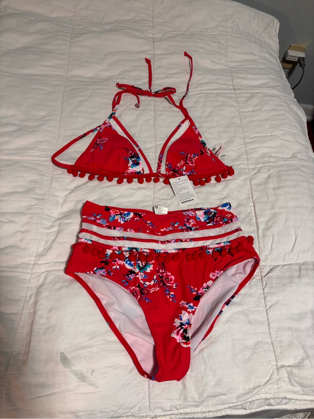 COCOSHIP Red Floral Pom-Pom Two-Piece Bikini